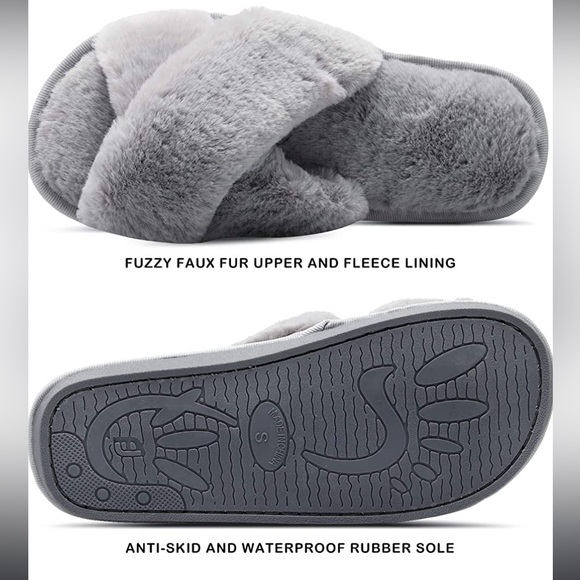 JOINFREE Women's Fluffy Slippers Plush Faux Fur Spa Sandal Shoes Gray size Large - Picture 3 of 11